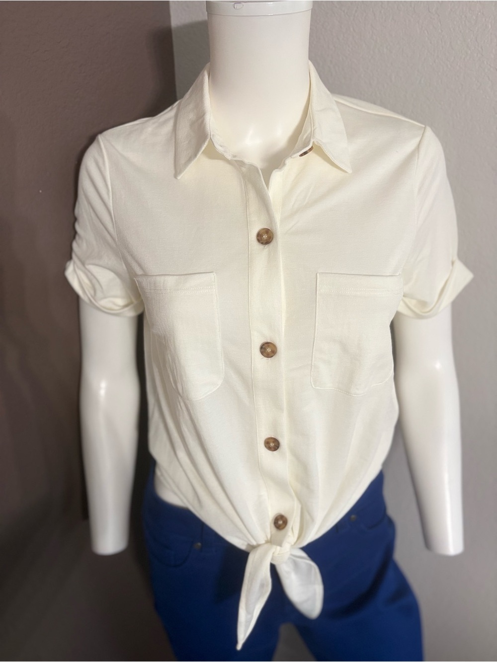 Massimo Dutti Cream Short Sleeve Tie-Front Button-Down Shirt